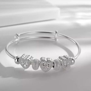 Silver Plated Heart Charm Bangle Bracelet - Elegant Women's Jewelry
